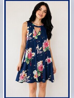 DAVI & DANI Navy Floral Keyhole Swing Dress